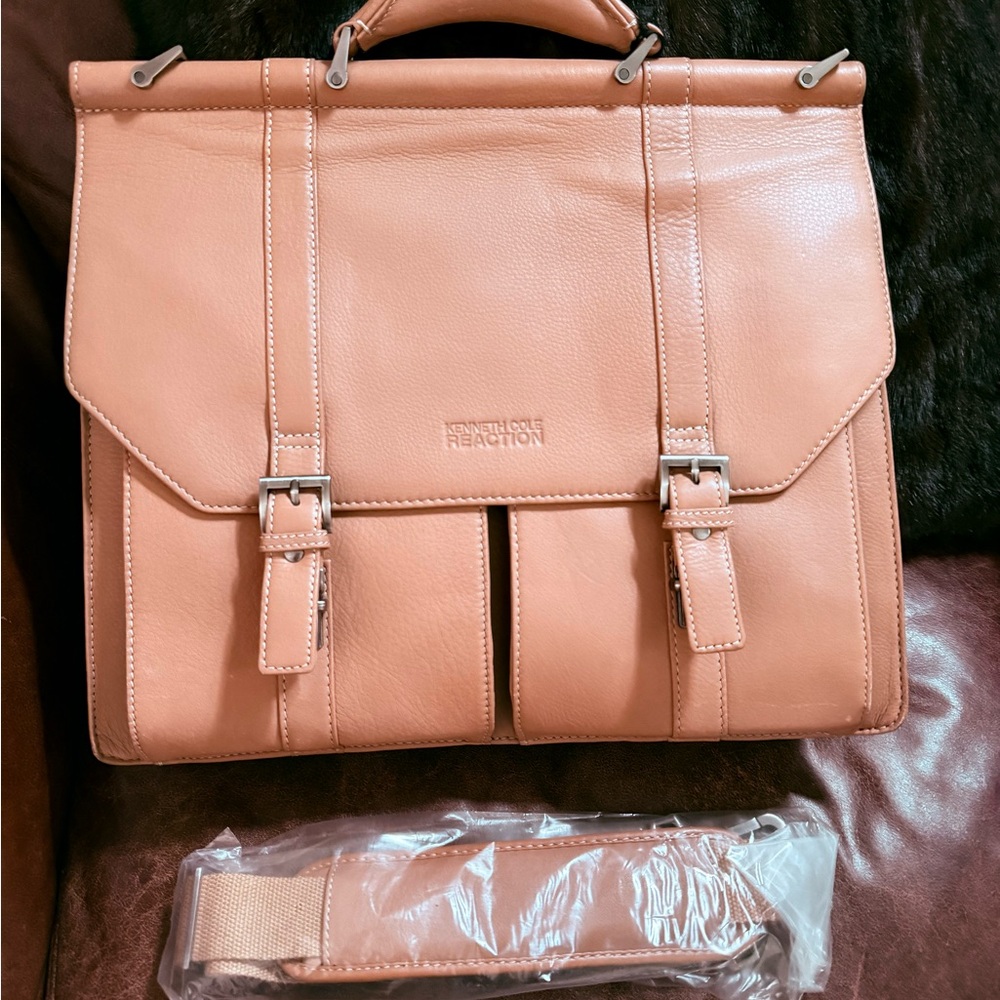 Brand New w Tag Kenneth Cole Cognac Genuine Leather Briefcase Shoulder Straps